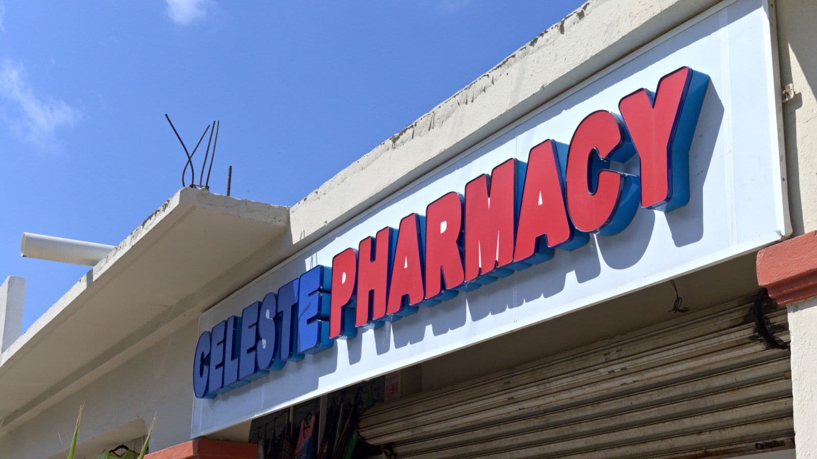 Celeste Pharmacy sign above the entrance