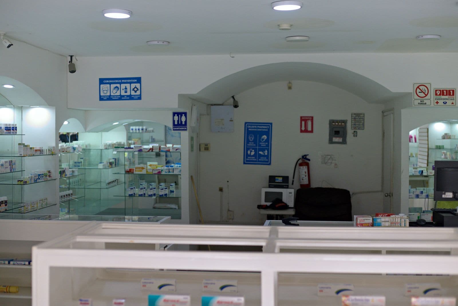 Counter and display cases inside Celeste Pharmacy